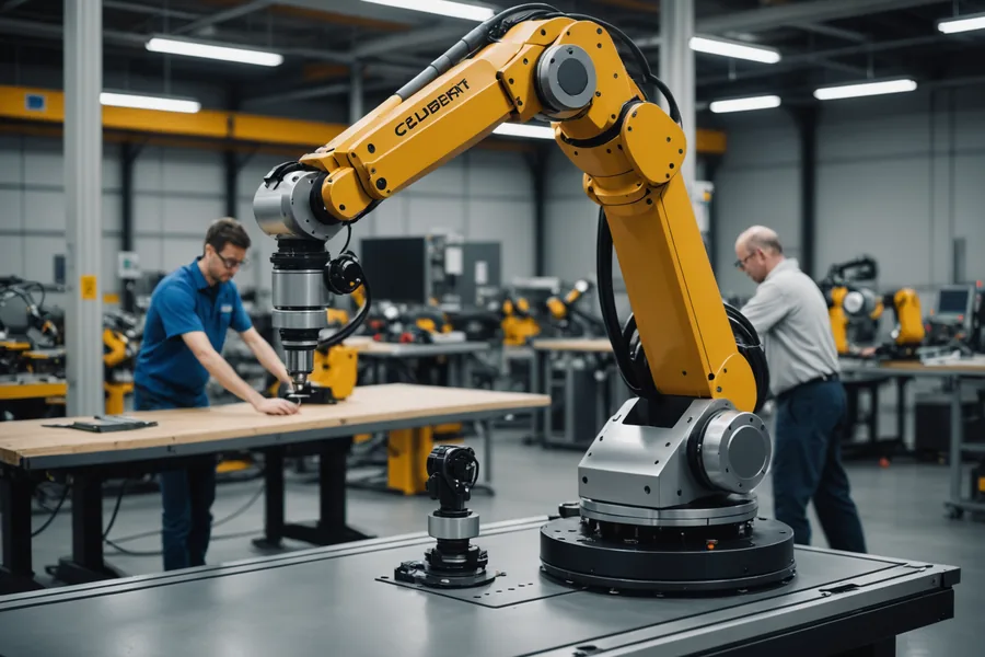 Robot arm assisting with component assembly alongside a human worker at a production table