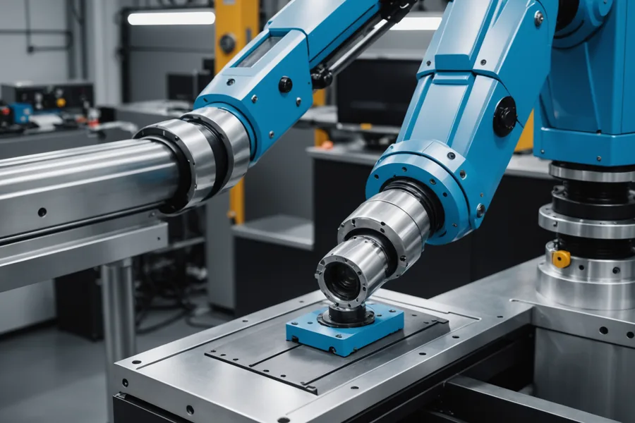 Robot arm with integrated depth camera scanning a row of machined parts for quality defects