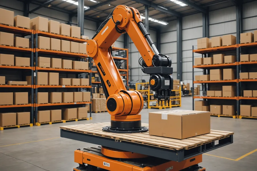 Robot arm stacking cartons onto a pallet in a warehouse distribution environment