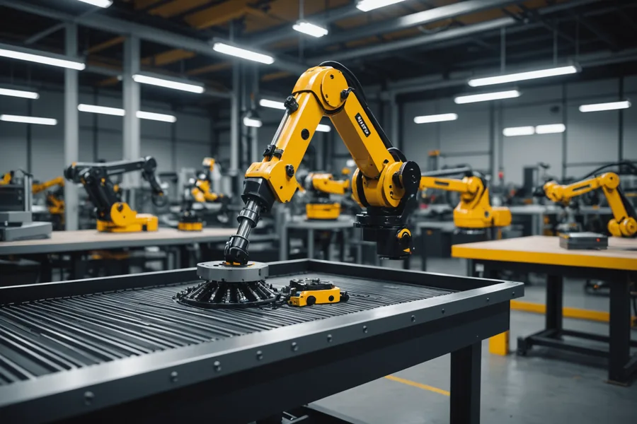 Robot arm picking a metal component from a parts bin at an automotive assembly station