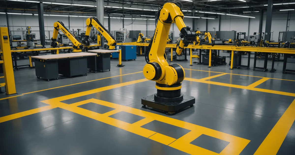 Safety zone diagram around a collaborative robot arm on a factory floor