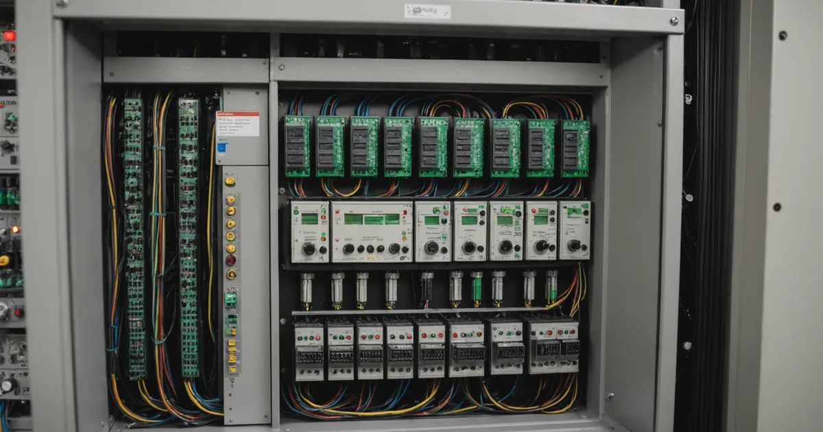 Industrial PLC panel showing EtherNet/IP wiring for cobot integration
