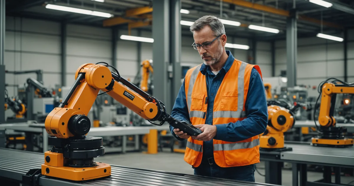 Plant manager walking through a robot retask session at a manufacturing workstation