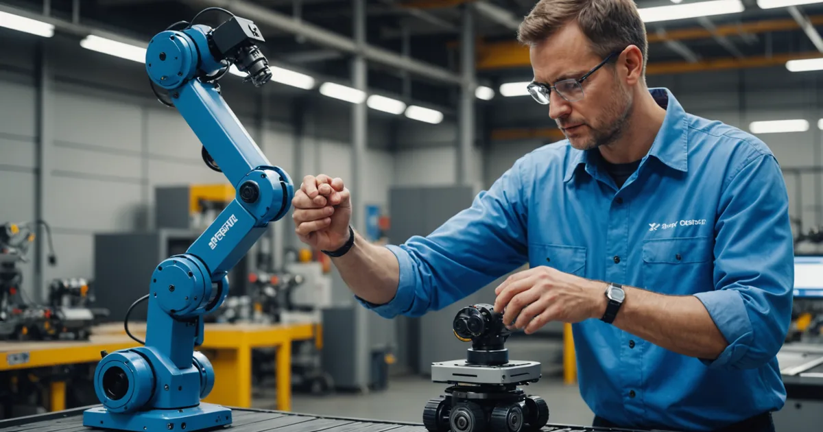 Operator guiding a robot arm through a manual teach session at an assembly station