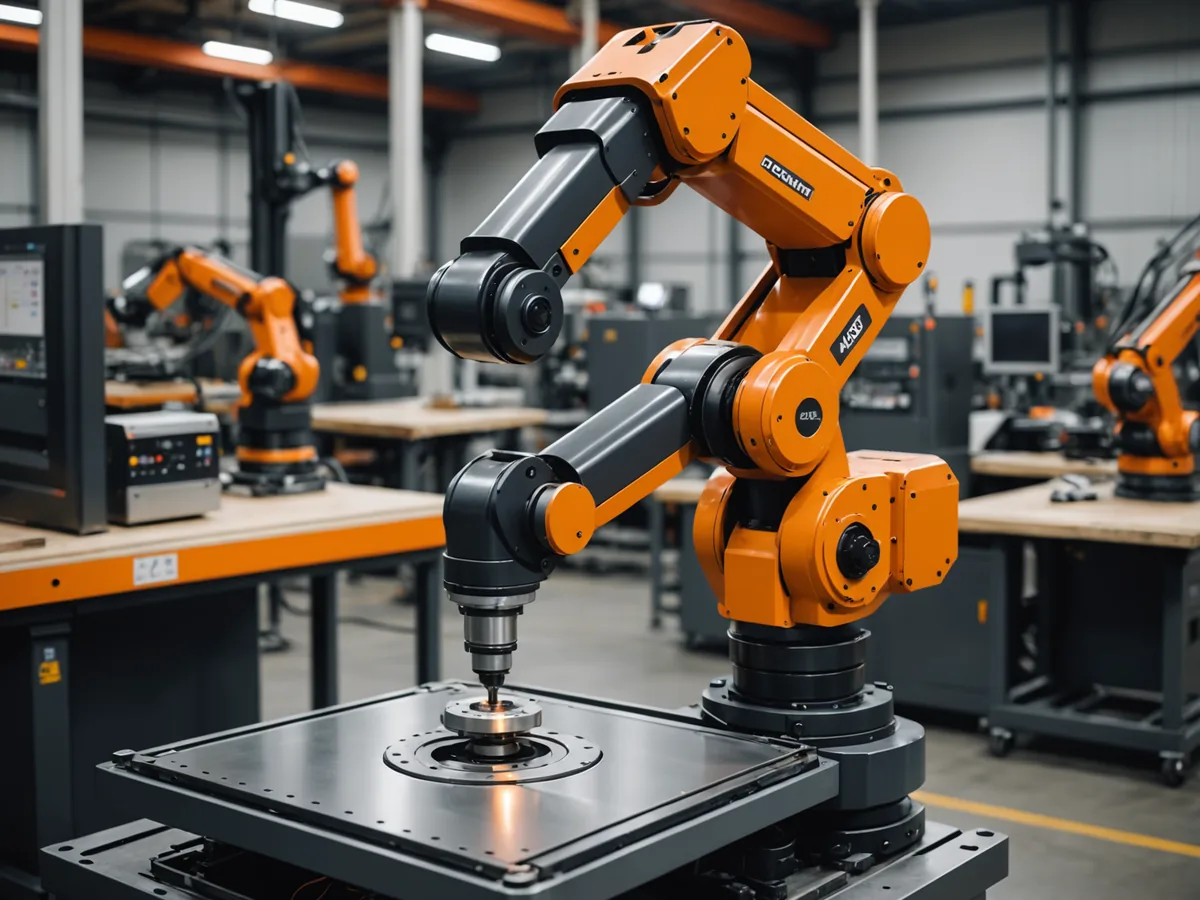 A compact robot arm mounted at a manufacturing workstation, performing a pick task on a metal parts tray