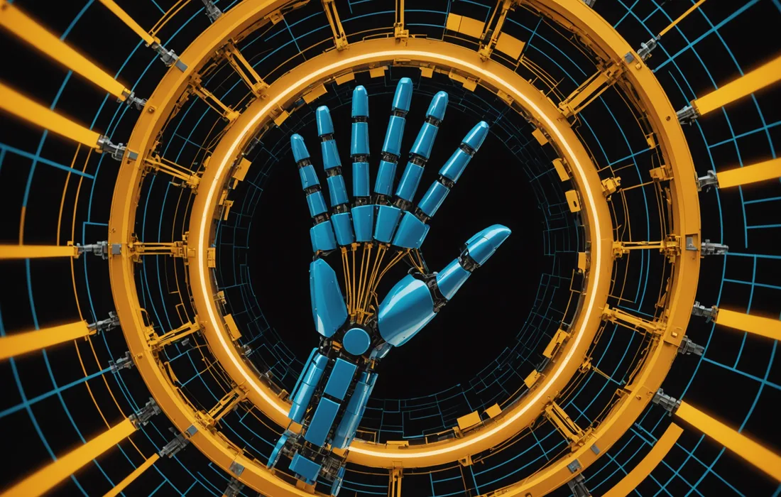 Abstract visualization of a robot arm's spatial awareness field rendered as overlapping colored zones